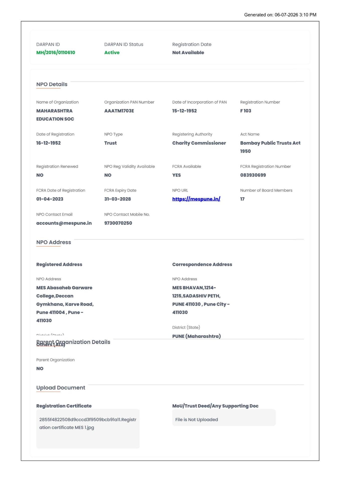 DARPAN Registration